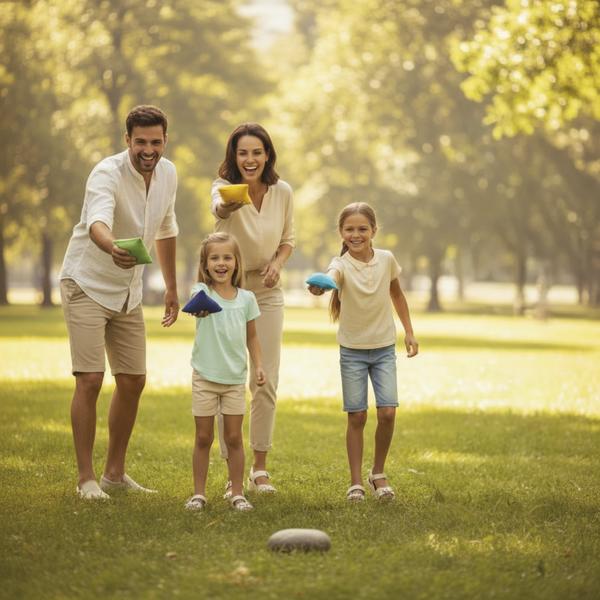 Familie spielt gemeinsam im Park und wirft bunte Bohnensäckchen auf ein Ziel.