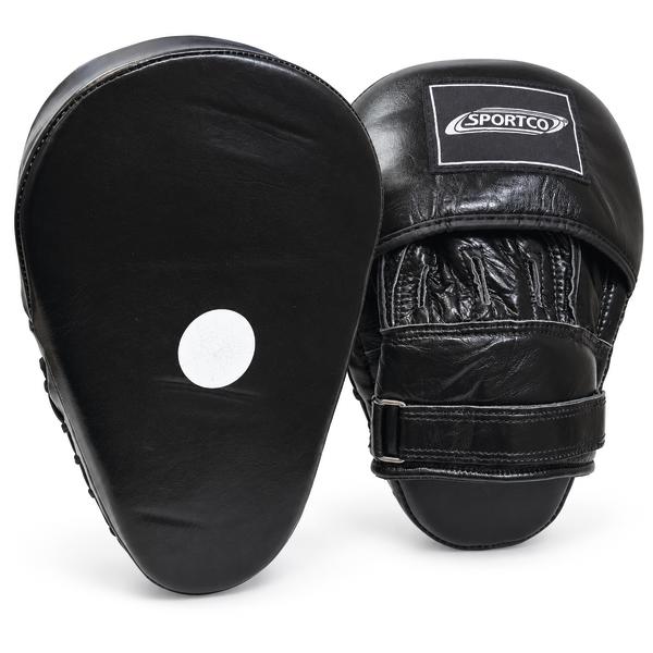 Paar schwarze Sportco Boxpratzen mit gepolsterten ovalen Schlagflächen, weißer Zielmarkierung, Handpolsterung und verstellbaren Halteriemen.