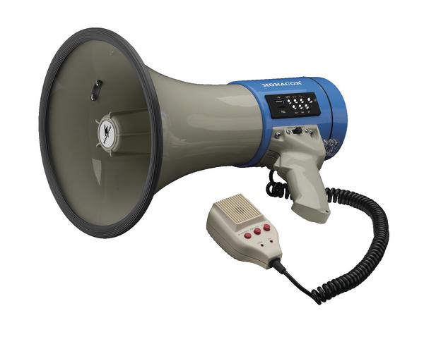 Megafon mit Mikrofon und Lautstärkeregler, blau-graues Design, isoliert auf weißem Hintergrund.