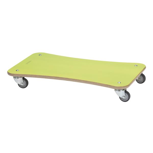Grünes Rollbrett aus Holz mit vier Lenkrollen für einfache Mobilität und Transport.
