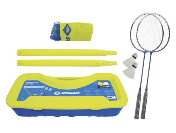 Kompaktes Badminton-Set mit Netz, Schlägern, Federbällen und Tragetasche in Gelb-Blau.