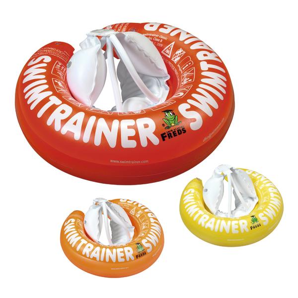 Drei bunte Swimtrainer Schwimmhilfen in Rot, Orange und Gelb für Kinder.