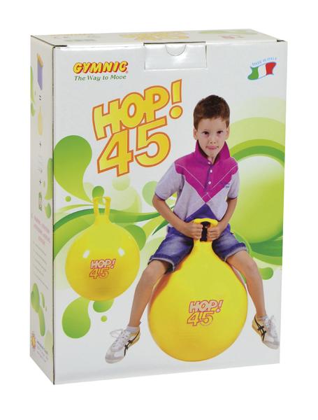 Kind sitzt auf gelbem Gymnic Hop! 45 Hüpfball mit Griff, Spielzeug für Bewegung und Spaß.