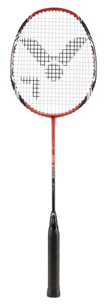 Badmintonschläger mit rotem Rahmen und schwarzem Griff, Frontansicht auf weißem Hintergrund.