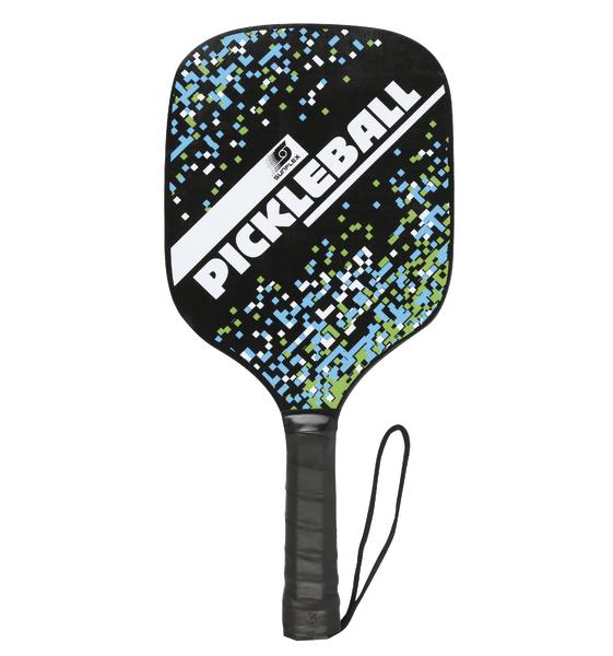 Pickleball-Schläger mit schwarzem Griff und blau-grünem Pixelmuster, weißer Schriftzug "PICKLEBALL".