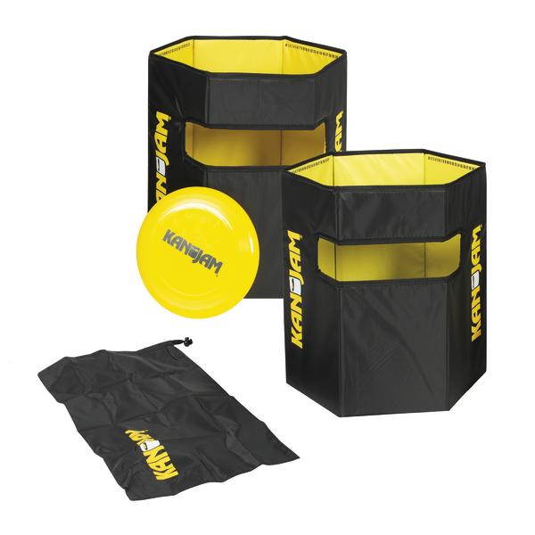 KanJam Wurfspiel mit zwei schwarzen Behältern und gelber Frisbee-Scheibe, inklusive Tragetasche.