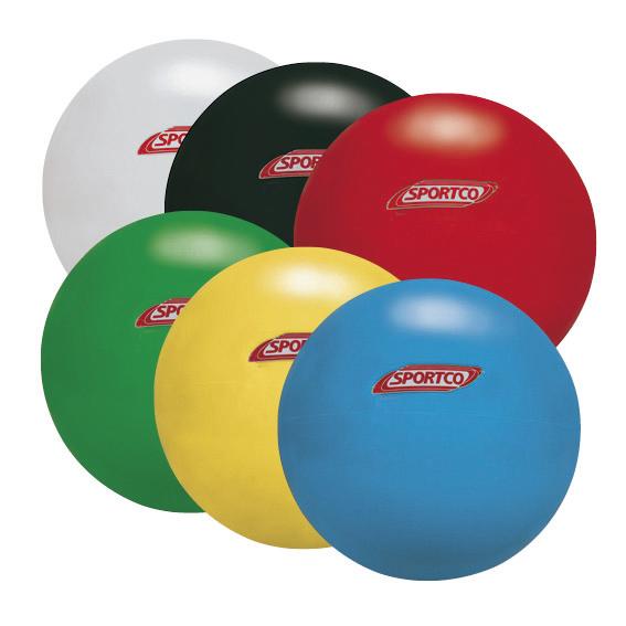 Sechs bunte Sportbälle in Weiß, Schwarz, Rot, Grün, Gelb und Blau mit Sportco-Logo.