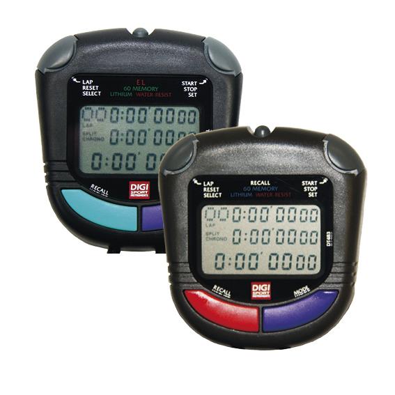 Zwei digitale Stoppuhren mit LCD-Display und farbigen Bedienknöpfen auf weißem Hintergrund.