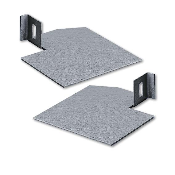 Zwei graue Metallwinkel mit rechteckiger Aussparung zur Befestigung an Wänden oder Regalen.