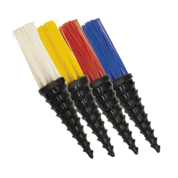 Vier farbige Spiralbürsten mit schwarzen Griffen in Weiß, Gelb, Rot und Blau auf weißem Hintergrund.