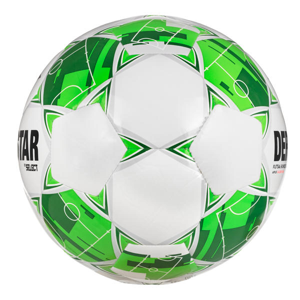 Weiß-grüner DERBYSTAR Futsal-Bundesliga Apus Light 290 Futsalball mit integriertem Spielfeld-Design seitliche Ansicht