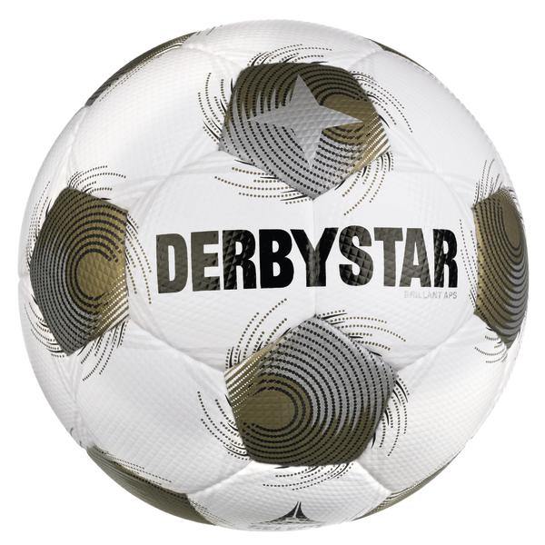 Weißer DERBYSTAR Brillant APS Fußball mit gold-schwarzem Spiraldesign, glänzenden Designelementen in Silber und strukturierter Oberfläche mit Derbystar Logo