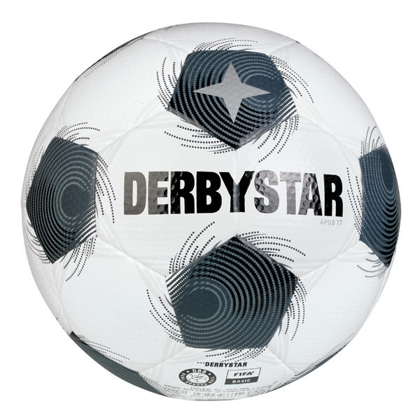 Weißer DERBYSTAR Apus TT Fußball mit schwarzem Spiraldesign, strukturierter Oberfläche und FIFA-Basic-Logo