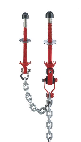 Rote Spanngurte mit Metallkette und Schraubmechanismus für sicheres Verzurren.