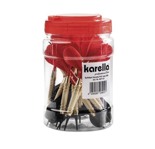 Kunststoffdose mit roten Softdart-Pfeilen der Marke Karella, ideal für Dartsport.
