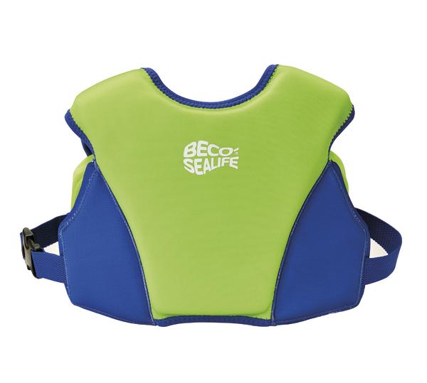 Kinder-Schwimmweste grün-blau mit verstellbaren Gurten für sicheres Schwimmen.