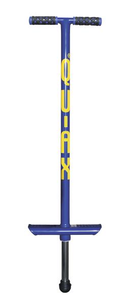Blauer Pogo-Stick mit gelber Aufschrift "QU-AX" und schwarzen Griffen für Kinder.