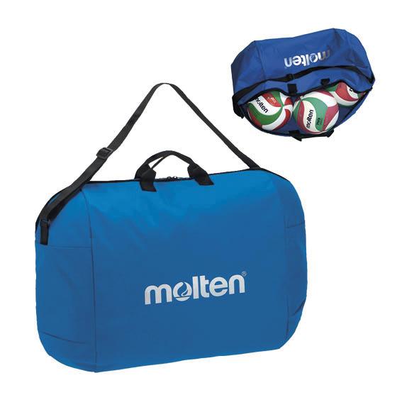 Blaue Molten Sporttasche mit Tragegurt, gefüllt mit Volleyballen, auf weißem Hintergrund.