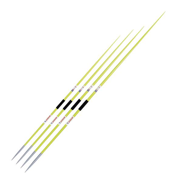 Vier gelbe Speere mit schwarzen Griffen und Metallspitzen auf weißem Hintergrund.