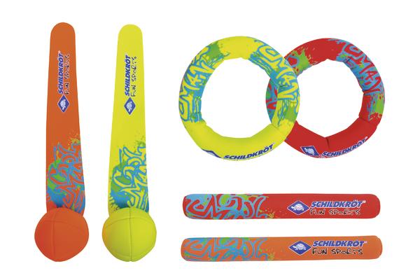 Bunte Schildkröt Fun Sports Wurfspiele mit Ball, Ring und Schlagstock in Orange, Gelb und Rot.
