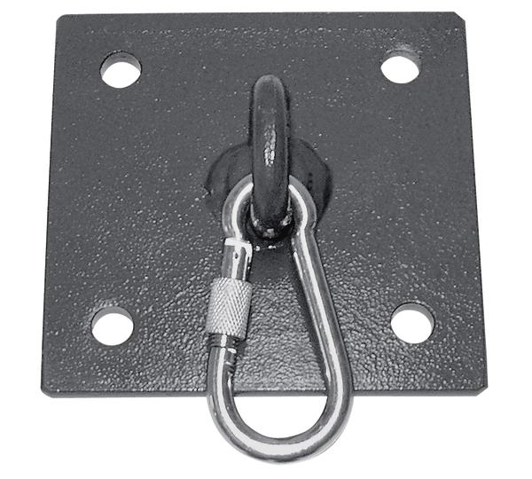 Schwarze Metall-Befestigungsplatte mit Karabinerhaken und Öse für Hängematten oder Seile.