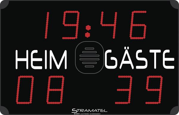Elektronische Anzeigetafel mit Spielstand 8 zu 39 und Uhrzeit 19:46.
