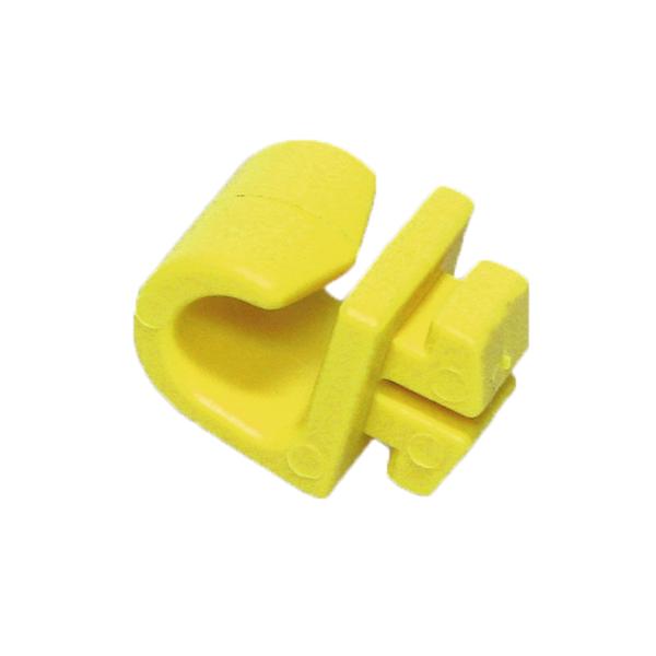 Gelbe Kunststoffklemme zur Befestigung von Kabeln oder Schläuchen, isolierend und robust.