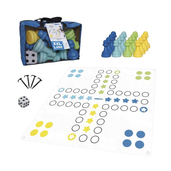 XXL-Ludo-Spielset mit großer Spielmatte, farbigen Spielfiguren, Würfel, Erdankern und Transporttasche vor weißem Hintergrund.