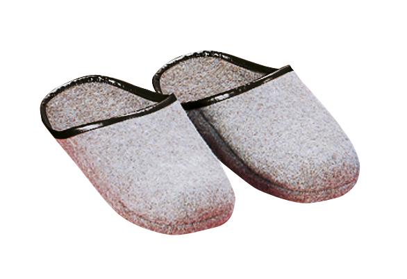Graue Hausschuhe mit schwarzem Rand, bequem und warm für den Innenbereich.