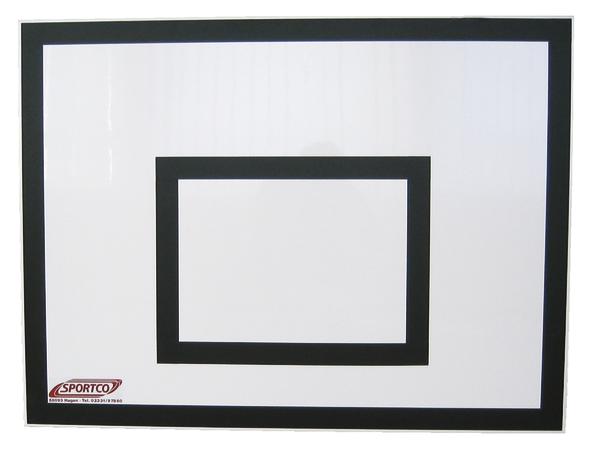 Weißes Basketball-Backboard mit schwarzem Rahmen und Zielrechteck, Sportco-Logo unten links.