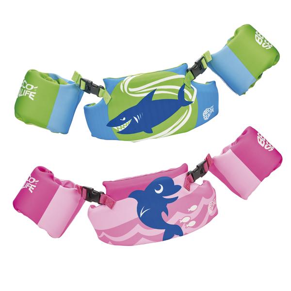 Grüne und rosa Schwimmhilfe für Kinder mit Hai- und Delfin-Motiv, verstellbare Armbänder.