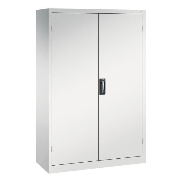 Metall-Schrank mit Doppeltüren und zentralem Griff, ideal für Büro- und Lageraufbewahrung.
