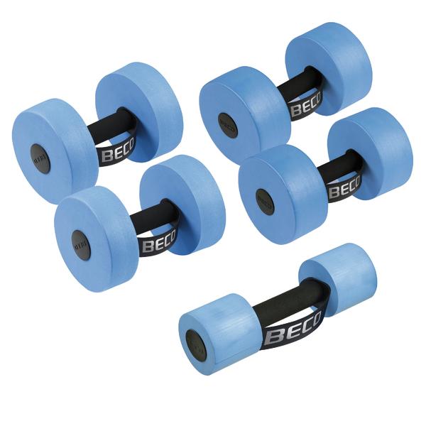 Set aus vier blauen Schaumstoff-Hanteln mit schwarzem Griff für Wassergymnastik.