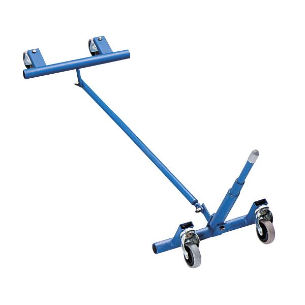 Blaue Schwenkrolleneinrichtung Nachrüstsatz aus Metall für Sprungkästen.