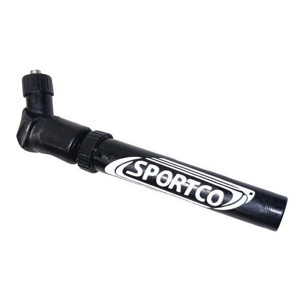 Schwarze handliche Handpumpe mit schwenkbarem Kopf und weißem Sportco-Logo.