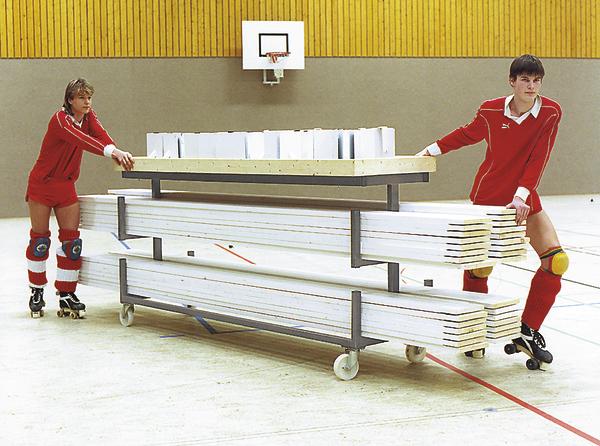 Zwei Jugendliche in Sportkleidung und Rollschuhen schieben eine große, beladene Transportkarre in einer Sporthalle.