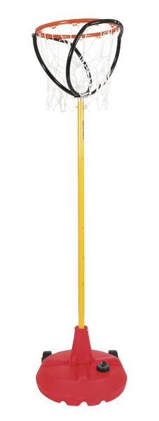 Mobiles Basketballkorb-Set mit verstellbarem Ständer und rotem Sockel für Kinder und Anfänger.