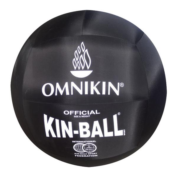 Schwarzer offizieller Omnikin Kin-Ball mit weißem Logo und Schriftzug, Sportball für Kin-Ball-Spiel.
