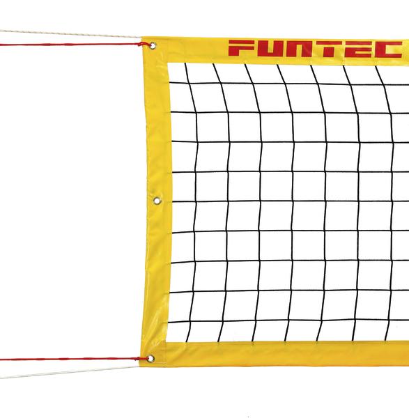Volleyballnetz mit gelbem Rand und rotem Funtec-Logo, schwarz-weißes Netzmuster.