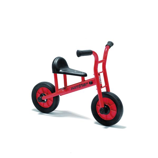 Rotes Laufrad mit schwarzem Sitz und Griffen, ideal für Kleinkinder zum Balancetraining.