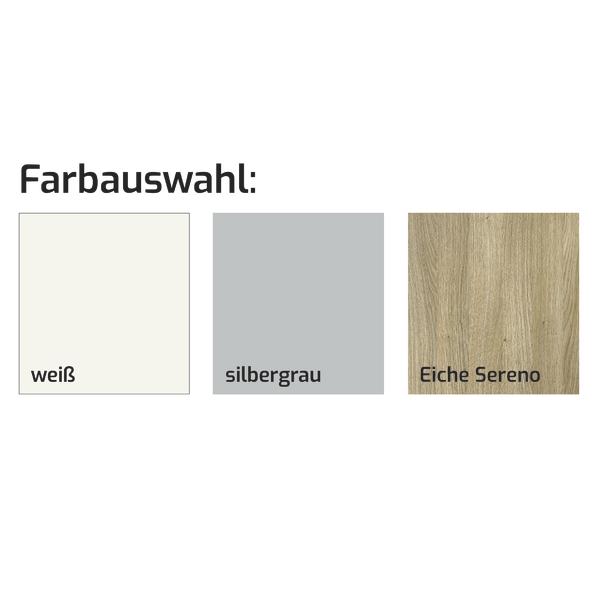 Farbpalette mit den Farben Weiß, Silbergrau und Holzoptik Eiche Sereno.