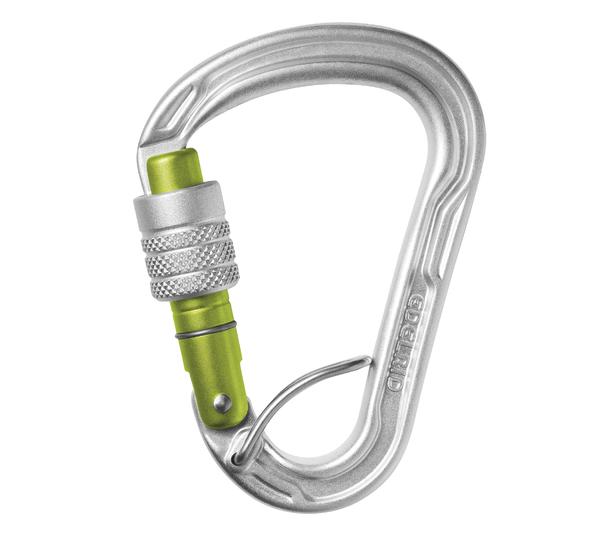 Karabinerhaken aus Aluminium mit grünem Schraubverschluss für Kletter- und Sicherungszwecke.