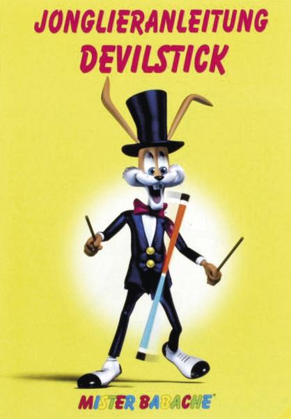Cartoon-Hase in Zirkuskleidung zeigt Jonglieranleitung für Devilstick vor gelbem Hintergrund.