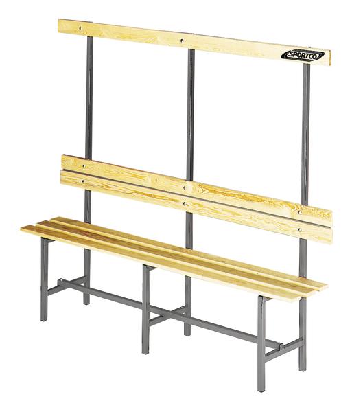 Holz-Sitzbank mit Rückenlehne und Metallgestell, ideal für Umkleideräume oder Sporthallen.