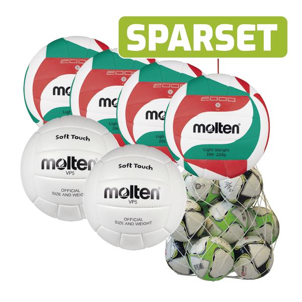 Volleyball Sparset mit mehreren bunten und weißen Molten Bällen im Netzbeutel.