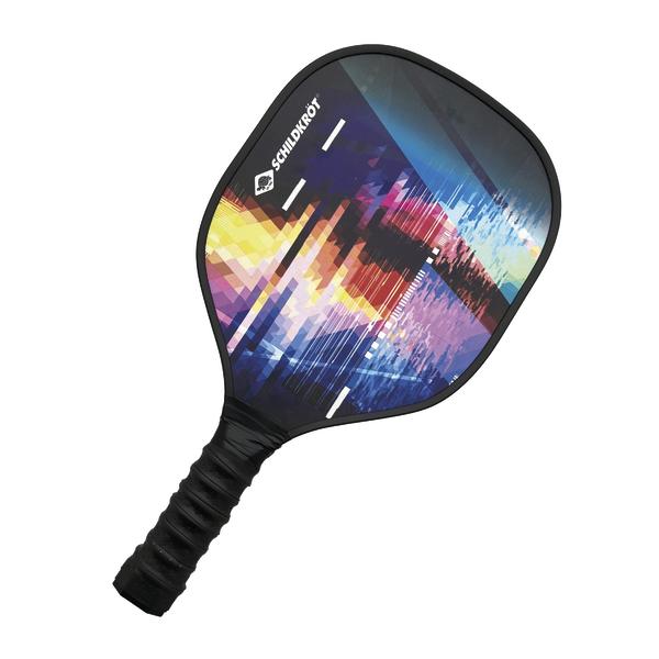 Pickleball-Schläger mit buntem, abstraktem Design und schwarzem Griff, Marke Schildkröt.