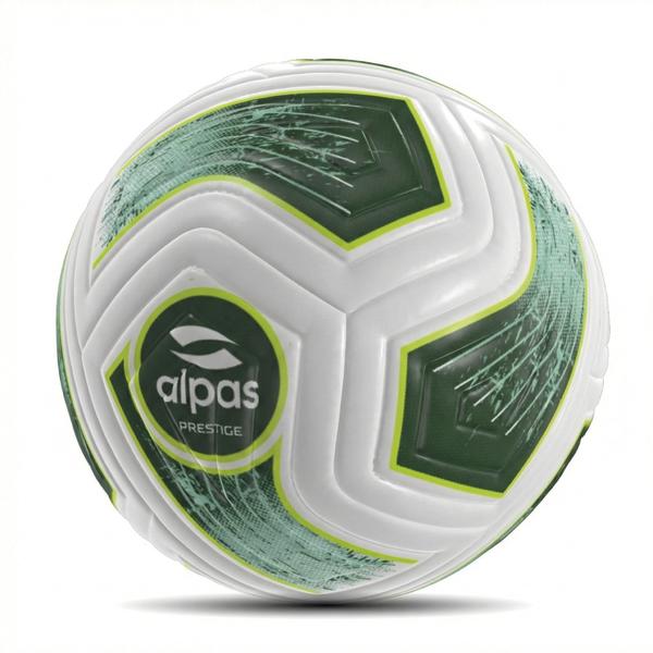 Weißer alpas Prestige Fußball mit hell- bis dunkelgrünem Grafikdesign und geprägter Oberfläche auf hellem Hintergrund.