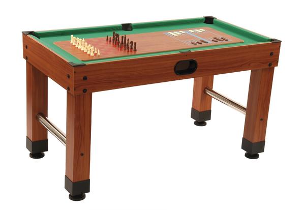 Multifunktionaler Spieltisch mit Schach, Backgammon und Billard in Holzoptik und grünem Spielfeld.
