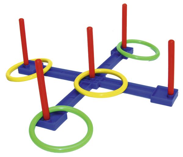 Buntes Ringwurfspiel mit vier roten Stäben und gelben sowie grünen Ringen auf blauem Gestell.