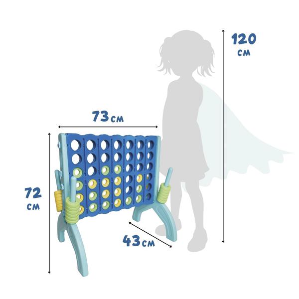 Großes Vier-gewinnt-Spiel mit Maßangaben und Kindersilhouette zum Größenvergleich.